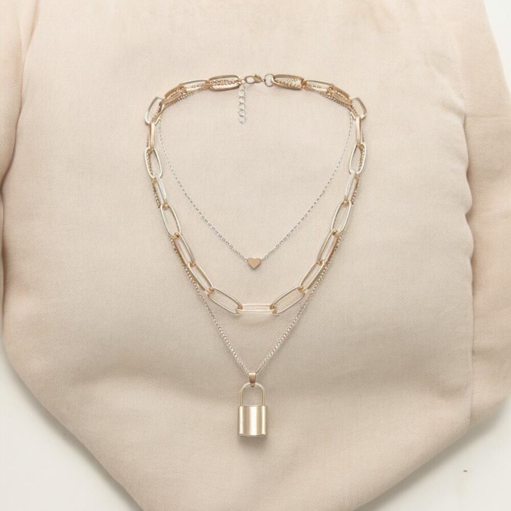 NEW 18 karat yellow gold plated triple layer lock and heart necklace jewelry B21